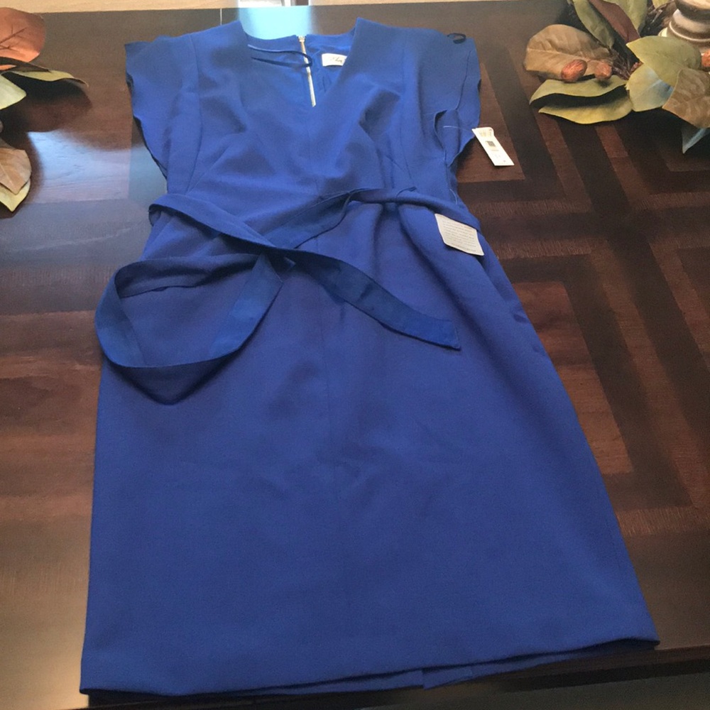 Blue fitted dress with tie waist